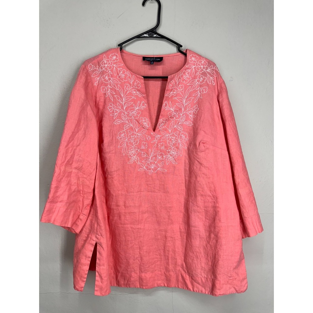 Jones New York 100% Linen Top Tunic Womens 1X Pink Embroidered Floral V-Neck